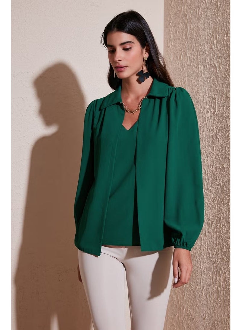 Lela Regular Fit V-Neck Balloon Sleeve Blouse Women's Blouse 611BZ0353 - Image 4
